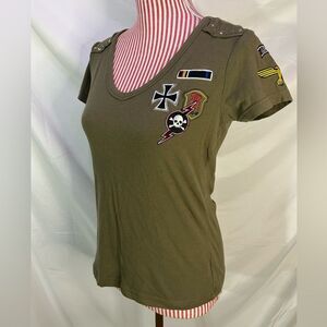 Y2K Grunge Top Army Green Studded Embroidered Patches Punk T-Shirt Sz Large